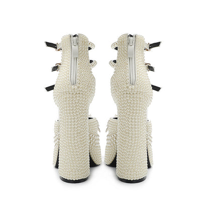 Sandales pointues à talons hauts épais et plateforme épaisse avec perles Muffin