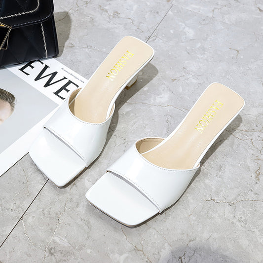 New Women's Shoes Summer Square Toe Peep-toe Slippers Women's High Heel