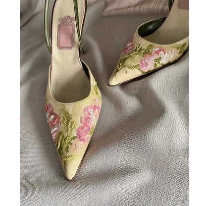 Vintage Pointed Embroidered High Heels