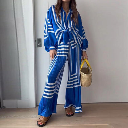 Long Sleeve Cardigan High Waist Drooping Straight-leg Pants Two Pieces