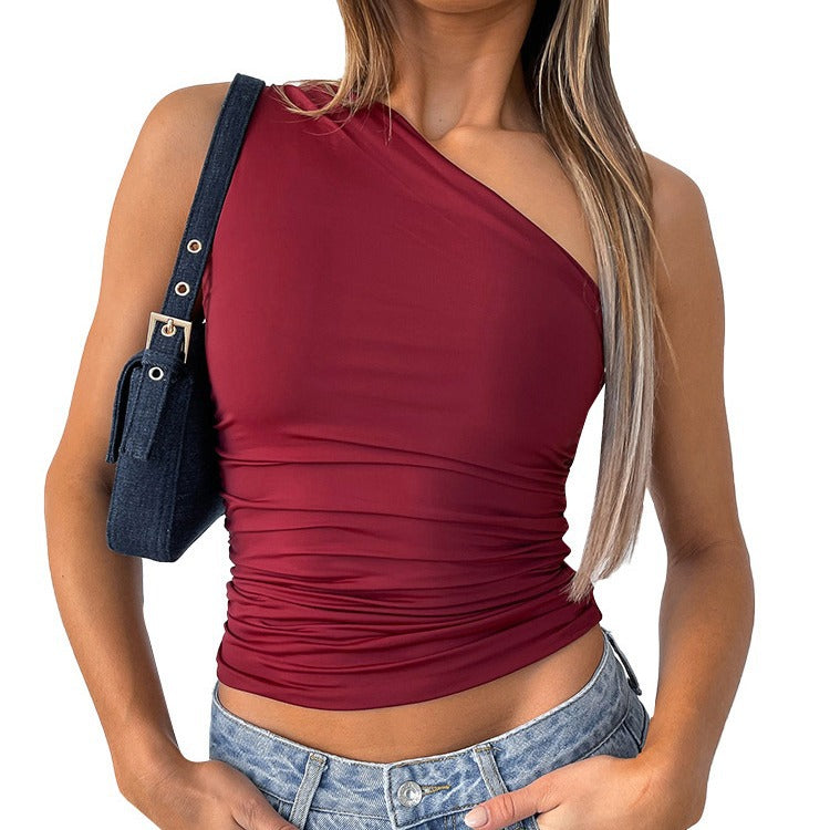 Solid Color One-shoulder Backless Pleated Vest Top