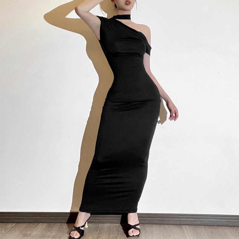 Solid Color One-shoulder Slim Fit Dress