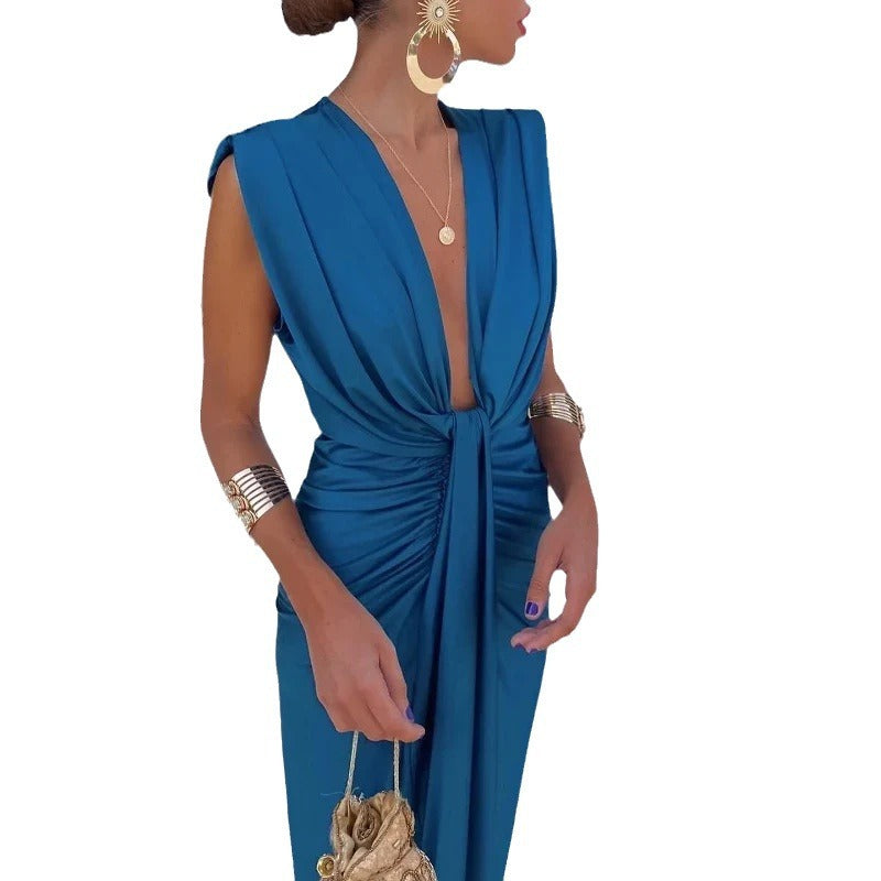Solid Color Lace High Waist V-neck Dress