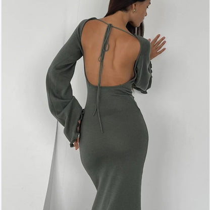 Solid Color Stringy Selvedge Backless Knitted Dress