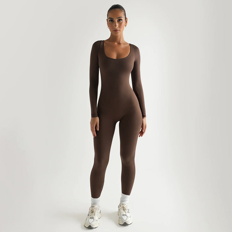 Sexy Soft High Elastic Long-sleeved Tights U-collar Stitching Trousers Jumpsuit