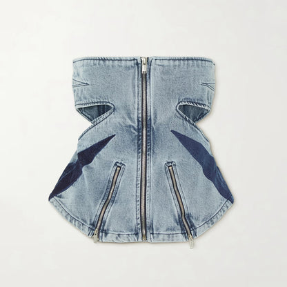 Patchwork Tube Top Washed Jeans Two-piece Set